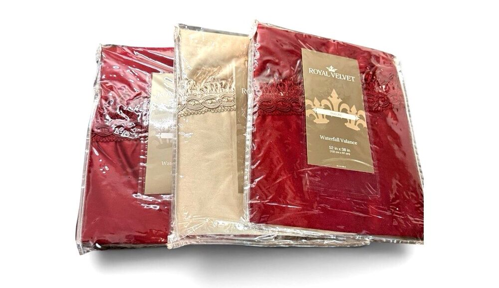 Three (3) Royal Velvet Waterfall Valances 2 Red 1 Gold Fringe Beads 52"x38" NWT